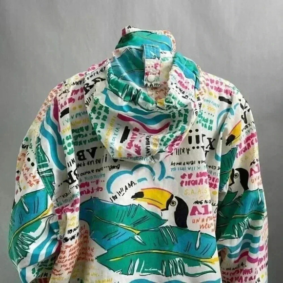 Vintage Roffe Raincoat Small S Women White All Over Print 80s Hooded Pullover - Picture 5 of 11